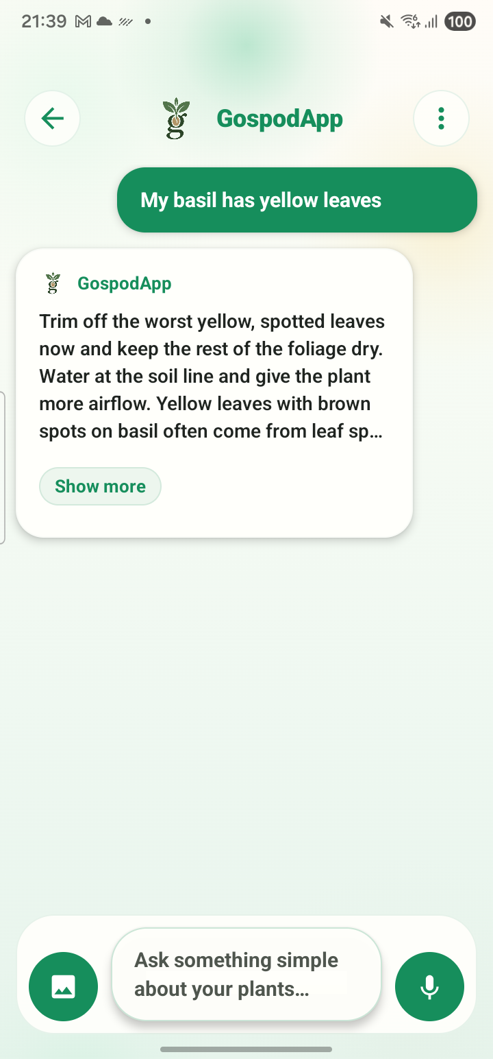 Ask GospodApp about a plant problem using text or a photo
