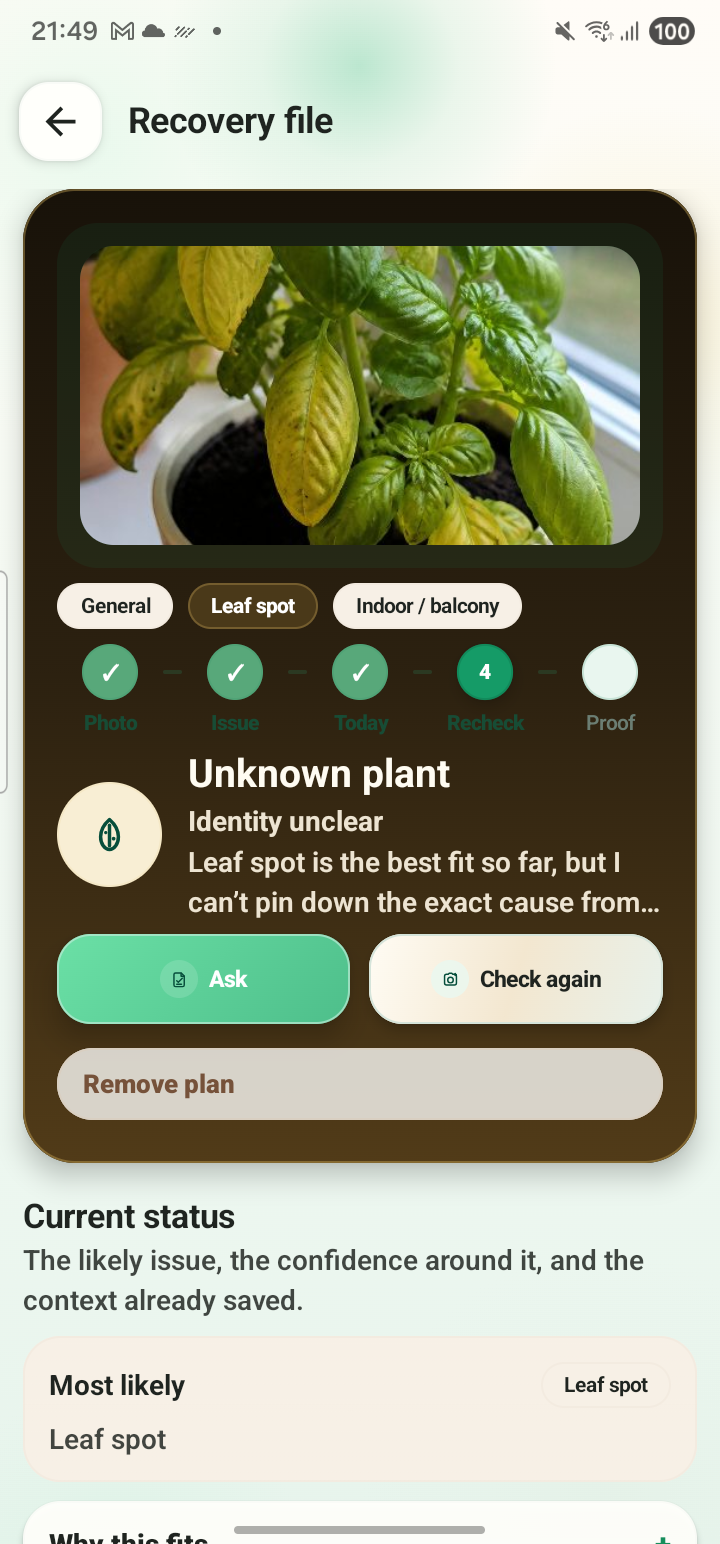 A saved GospodApp recovery file with the plant history and recheck stage