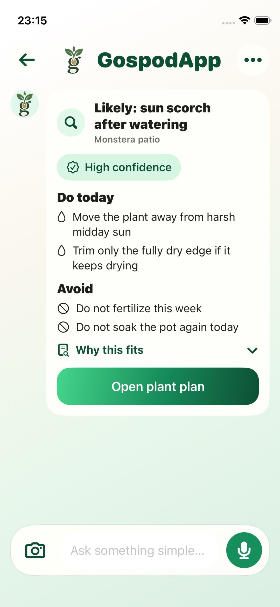 GospodApp care result with a likely issue and one step for today
