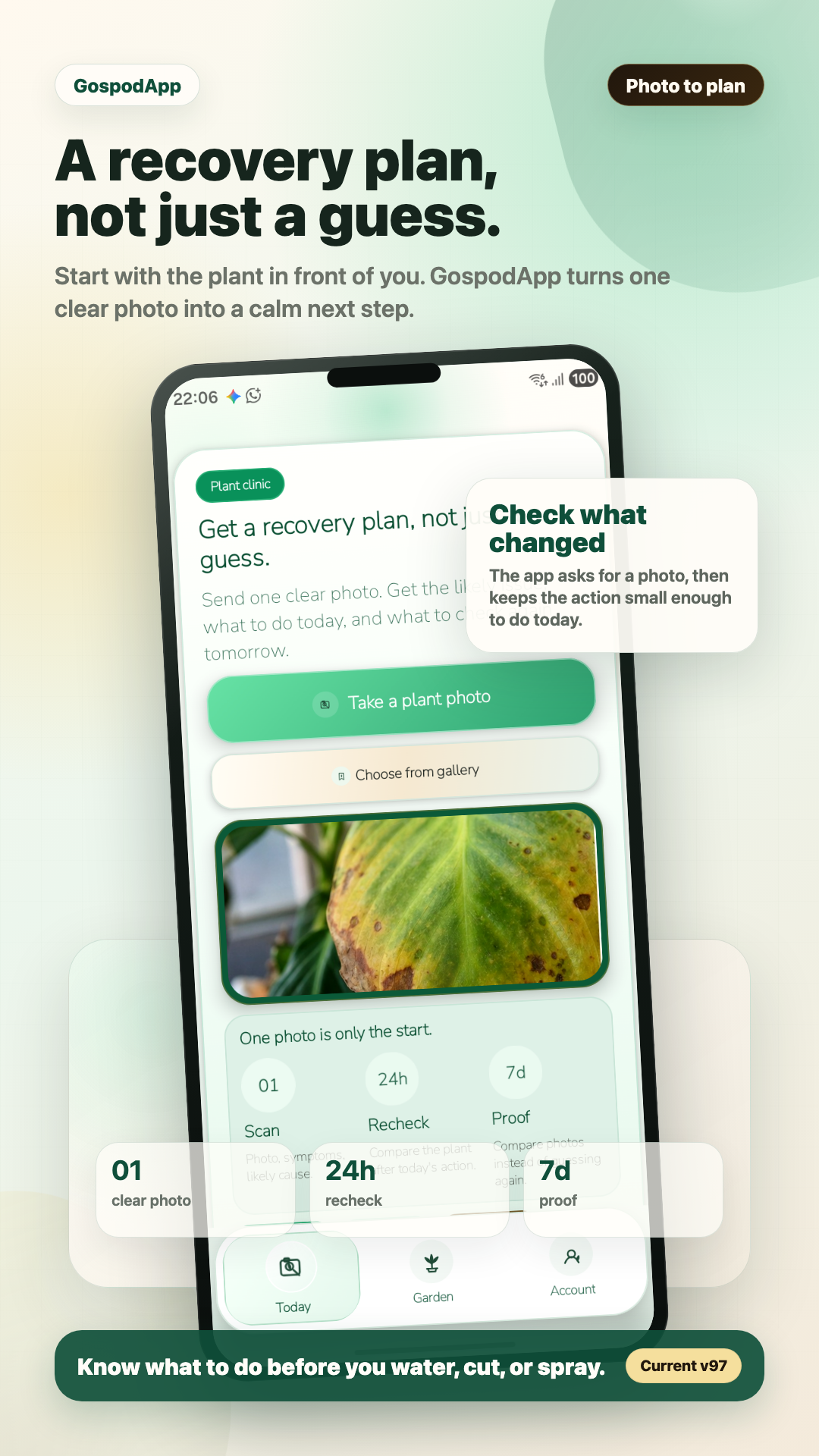 GospodApp today screen showing a plant recovery plan.